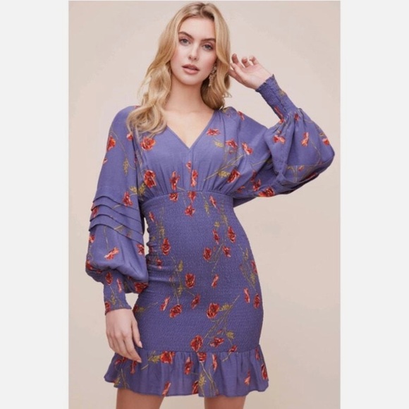 ASTR the Label Womens Dolman Smocked Mini Dress Small Floral Blue Size Small - Picture 4 of 12